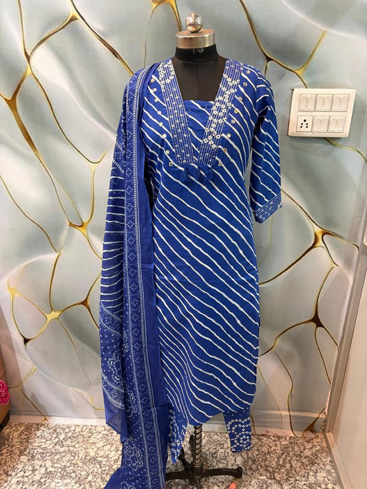 Royal Blue Lehariya Print Pure Cotton Suit Set |