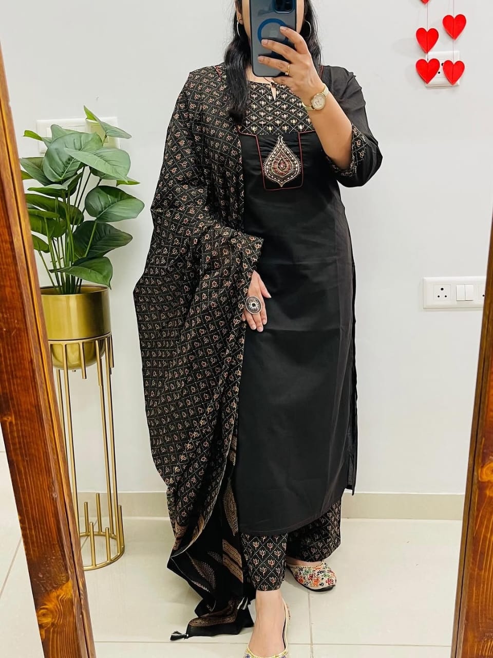 Black Cotton Kurti Pant Dupatta Set for Women |