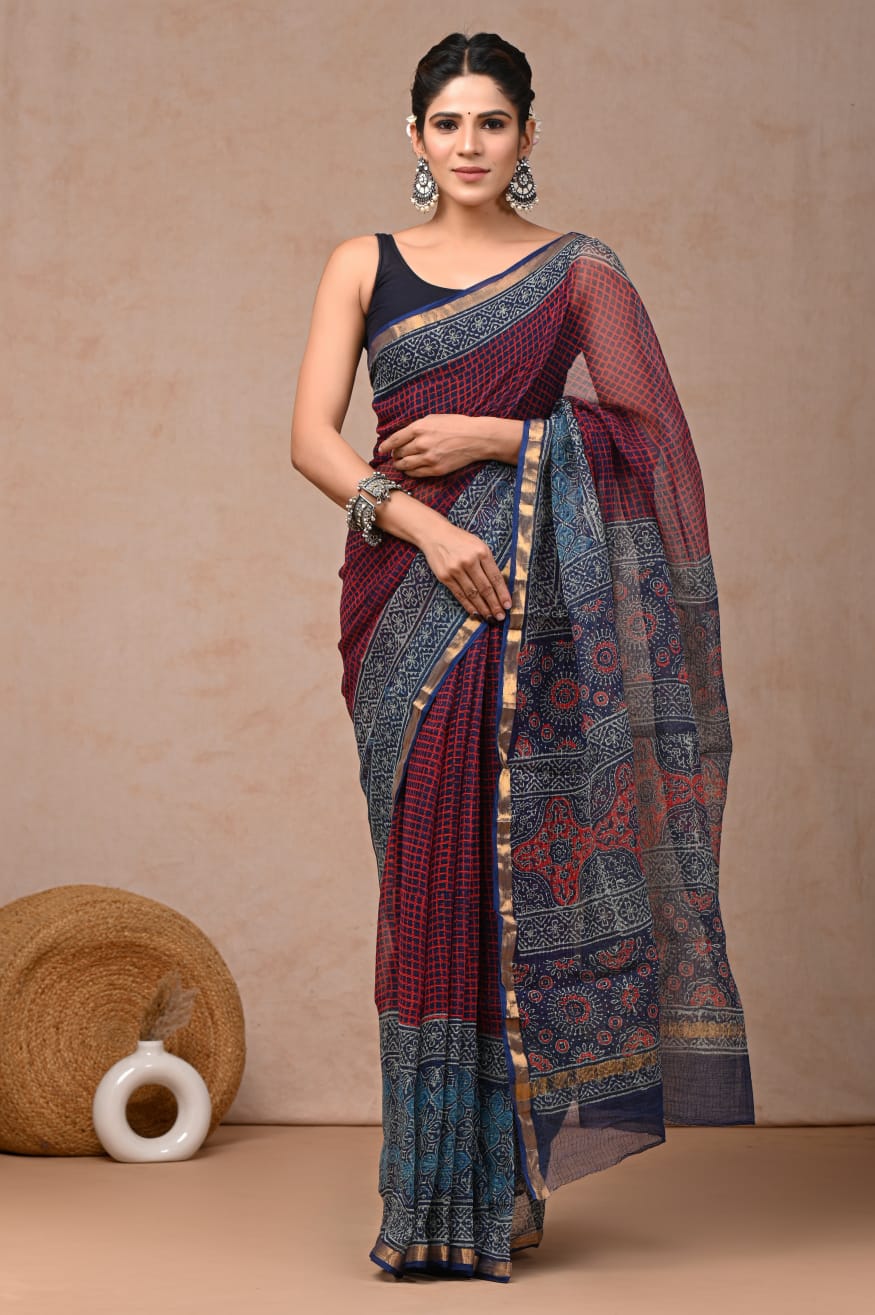 Maroon Red Kota Doriya Saree | Check Jaal Hand Block Print (MVKS66)