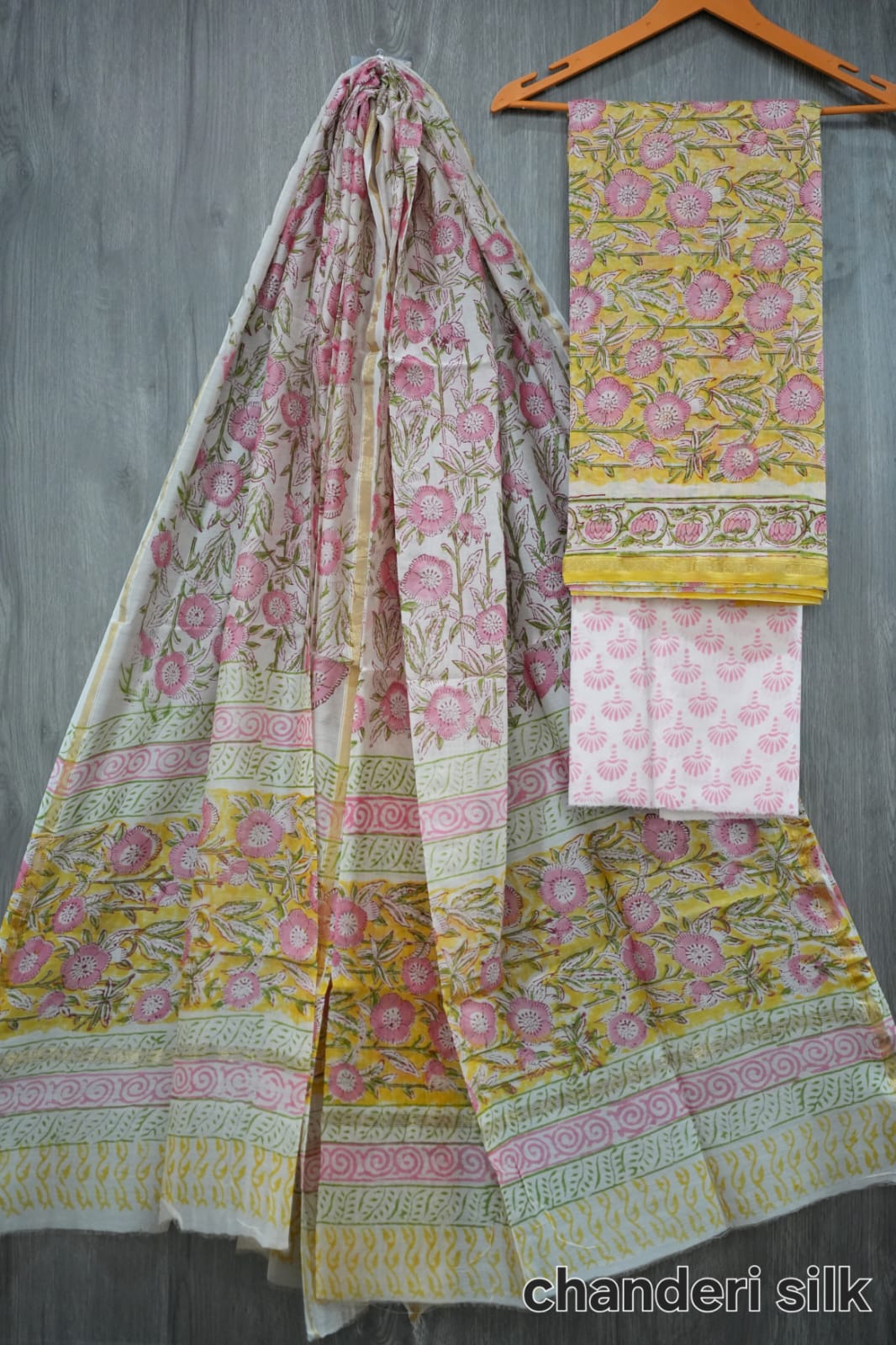 Yellow & Pink Genda Phool Hand Block Print Chanderi Silk Dress Material (MVCHS13)
