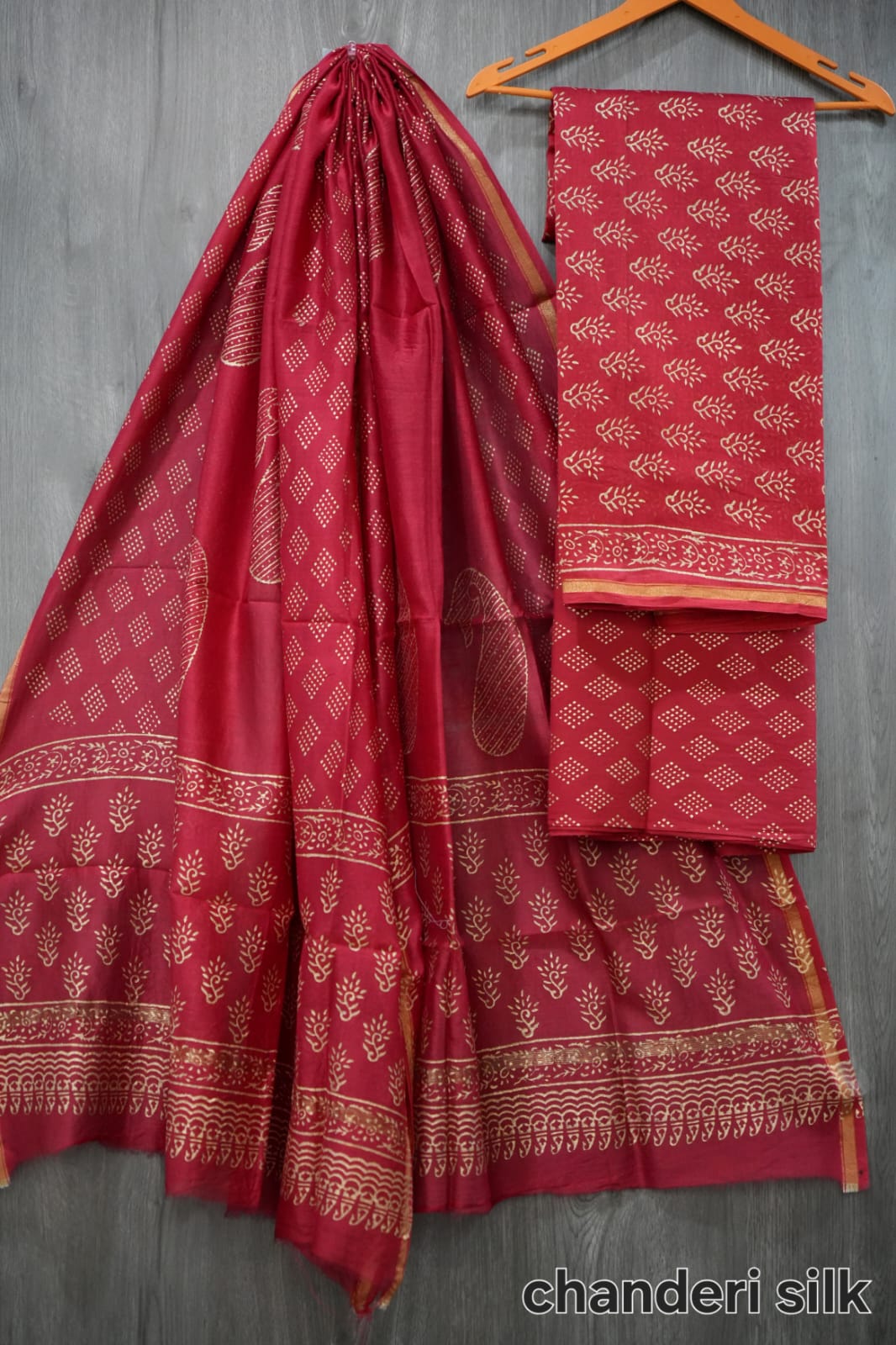 Deep Red & Gold Hand Block Print Chanderi Silk Dress Material (MVCHS23)