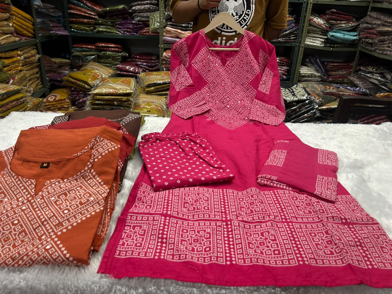 Pink Bandhani Print Cotton Kurti Palazzo Dupatta Set