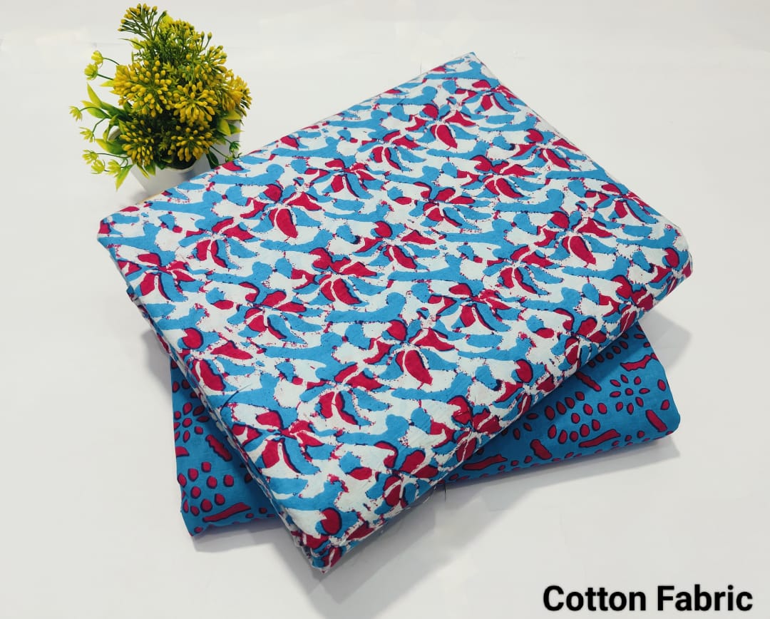 Sky Blue Floral Printed Top & Bottom Suit Set – Elegant Cotton Suit Material (MVTB93)