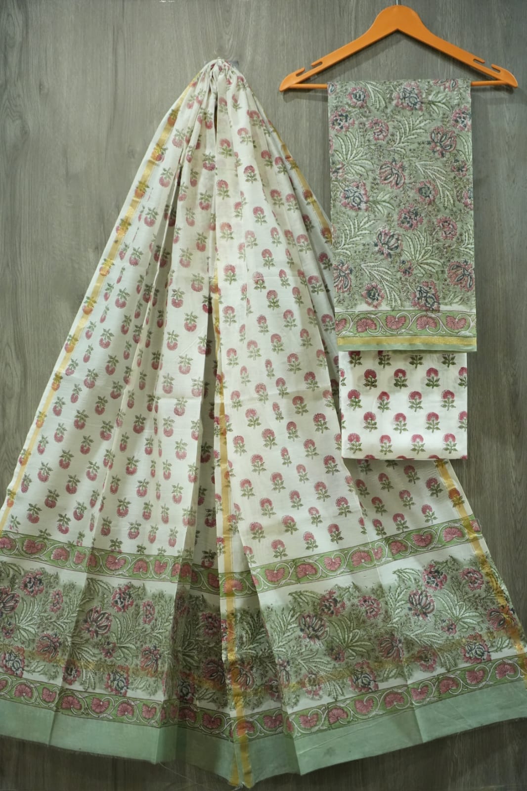 White & Pink Small Genda Butti Hand Block Print Chanderi Silk Dress Material (MVCHS48)