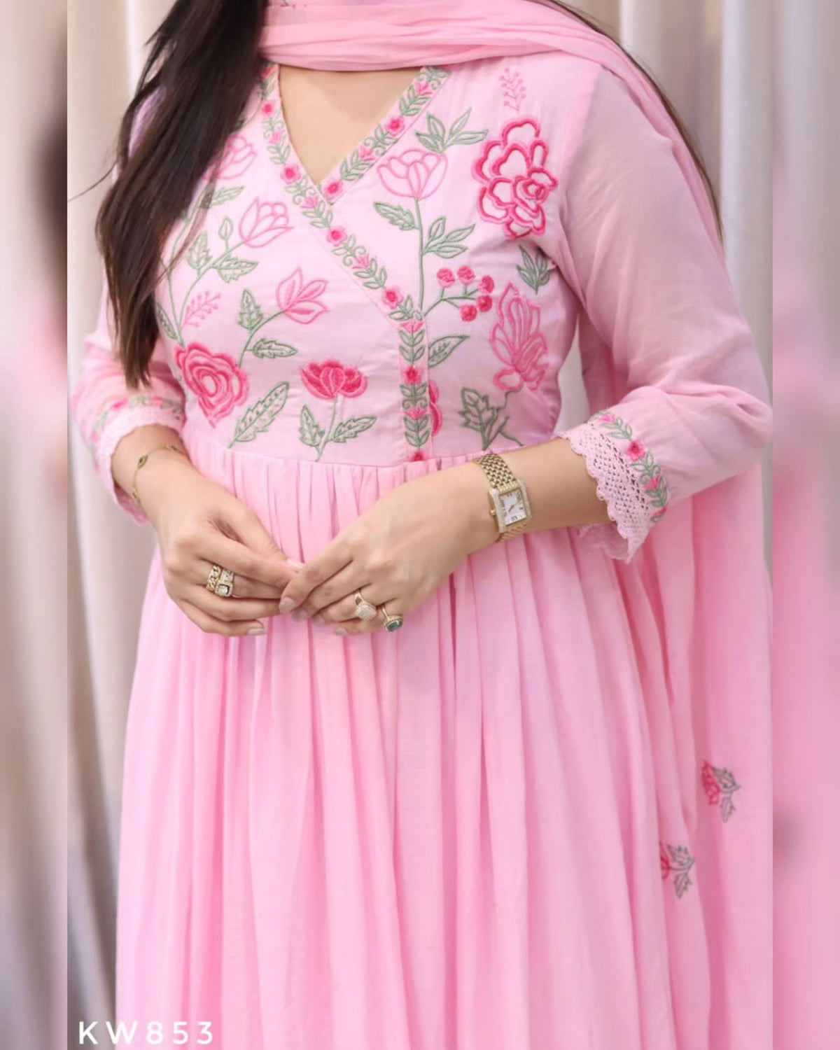 Baby Pink Floral Embroidered Anarkali Kurta Set for Women