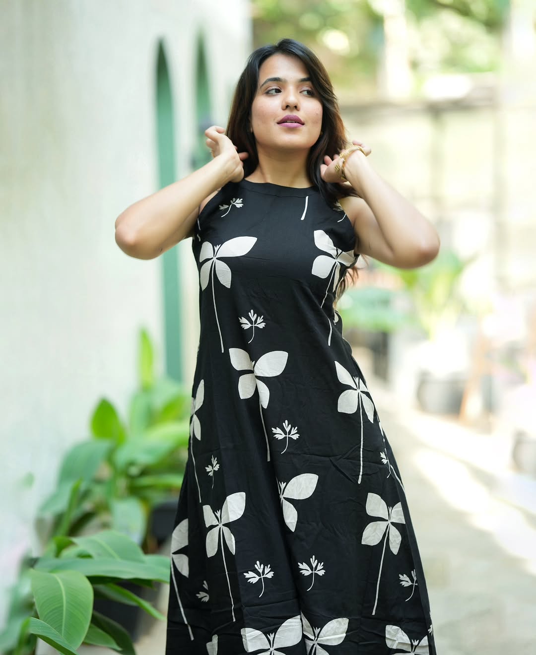 Black Floral Printed Cotton Kurta Palazzo Set | Stylish Sleeveless A-Line Kurti