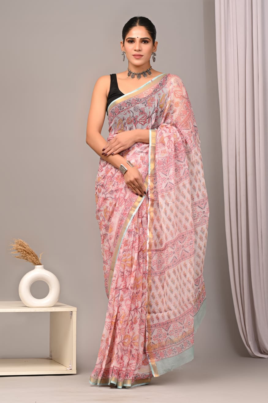Blush Pink Mint Kota Doriya Saree | Bagru Floral Hand Block Print with Blouse (MVKS47)