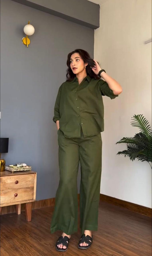Olive Green Pure Cotton Coord Set | Shirt & Wide Leg Pant