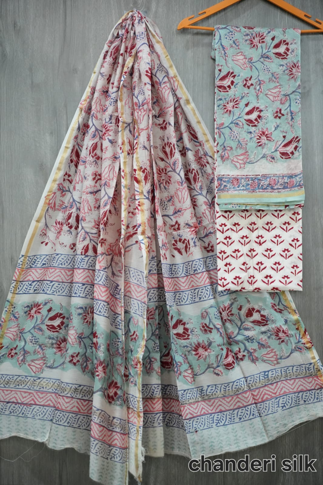 Light Teal & Maroon Lotus Floral Hand Block Print Chanderi Silk Suit Material (MVCHS07)