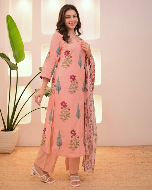 Peach Cotton Floral Printed Kurti Pant Dupatta Set for Women