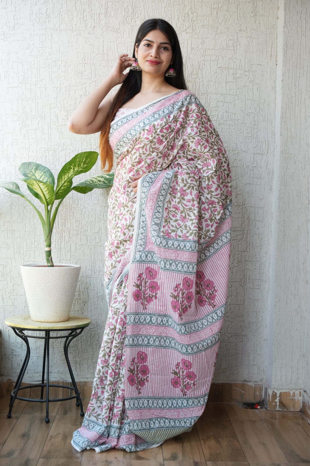 Cream Pink Floral Hand Block Printed Cotton Saree with Blouse (MVCS81)
