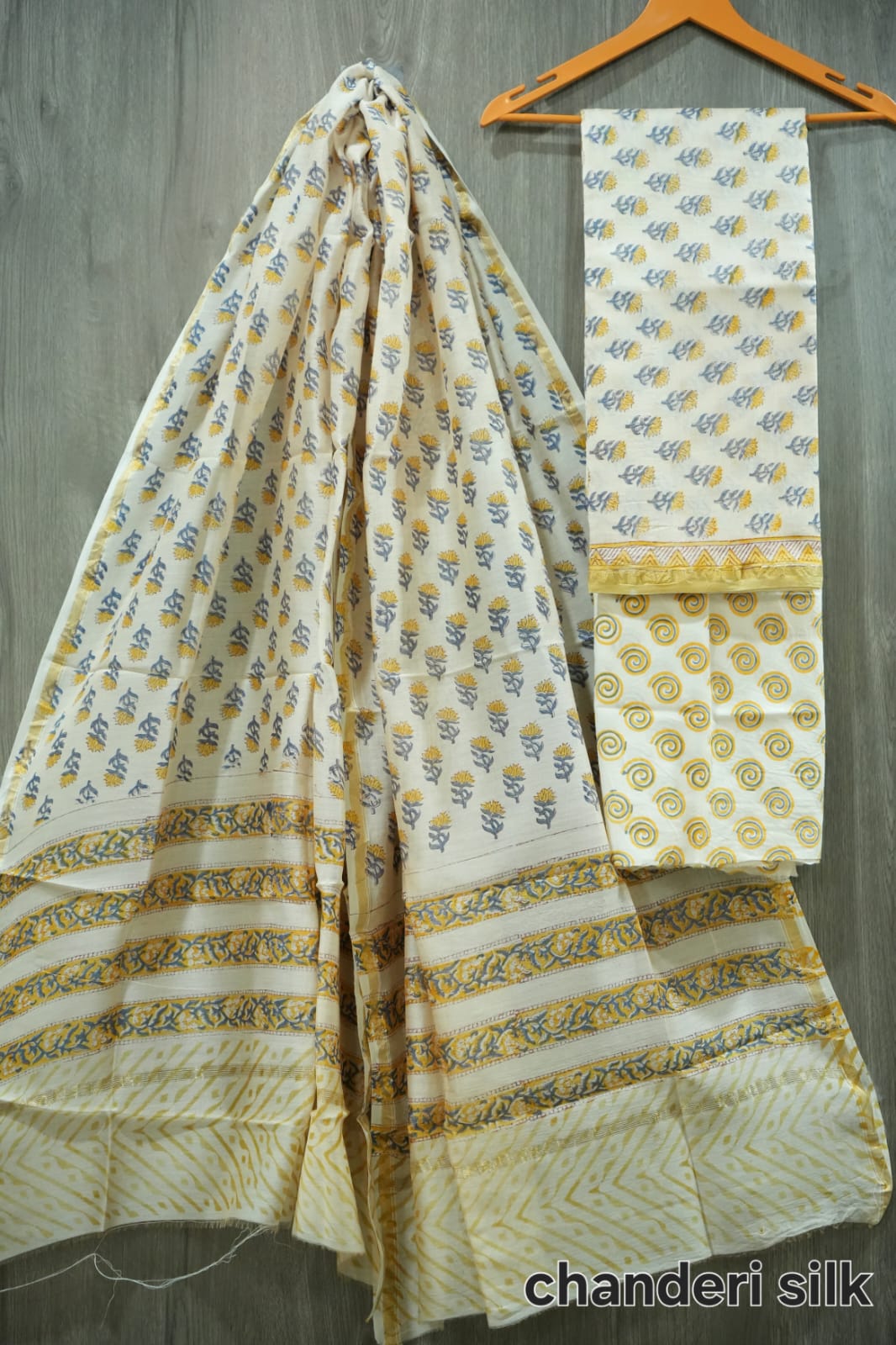 White & Yellow Sunflower Butti Hand Block Print Chanderi Silk Dress Material (MVCHS28)