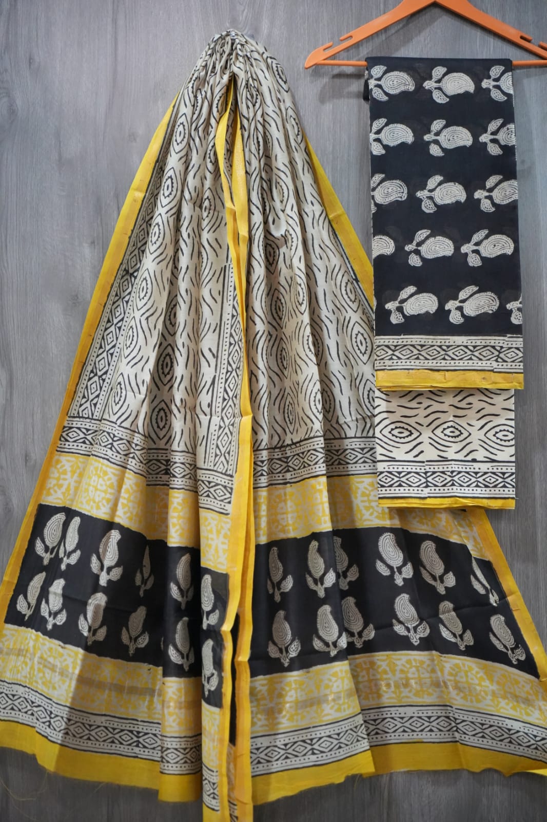 Black & Yellow Paisley Geometric Hand Block Print Chanderi Silk Dress Material (MVCHS41)
