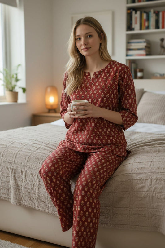 Maroon Printed Cotton Night Suit for Women | Elegant Sleepwear (MVNS52)