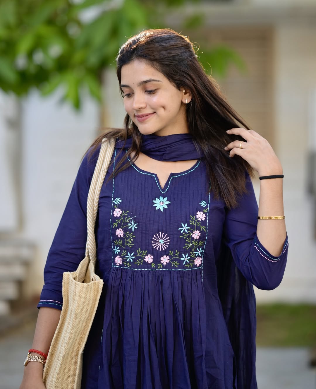 Navy Blue Embroidered Cotton Kurti Pant Dupatta Set for Women