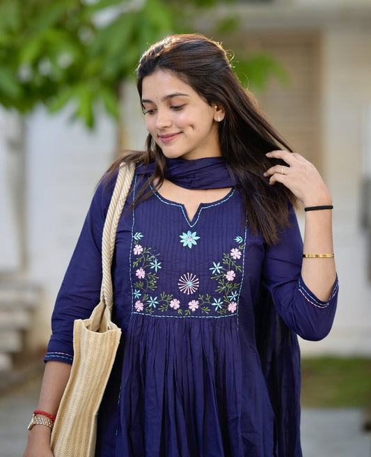Navy Blue Embroidered Cotton Kurti Pant Dupatta Set for Women