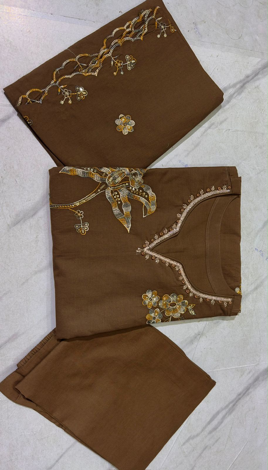 Coffee Brown Embroidered Cotton Kurta Set with Dupatta | Kitty Party Wear