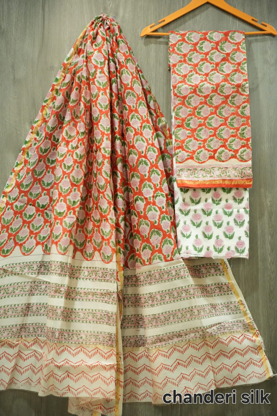 Orange Red & Pink Gol Butti Hand Block Print Chanderi Silk Dress Material (MVCHS34)