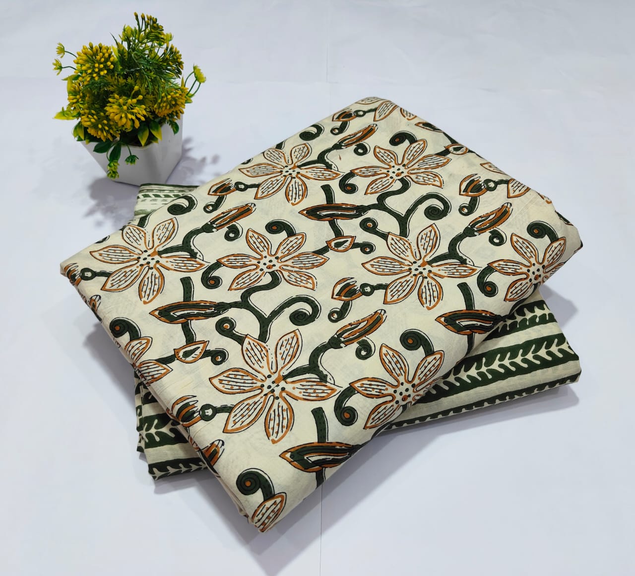Beige Floral Printed Top & Bottom Suit Set – Elegant Cotton Suit Material (MVTB49)
