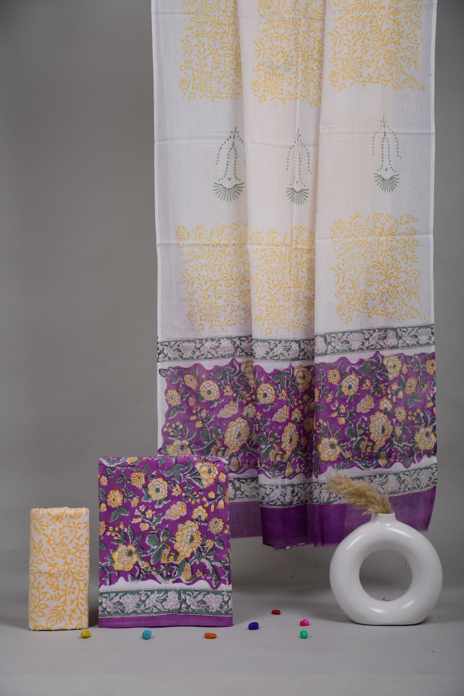 White Purple Floral Hand Block Cotton Unstitched Suit Set with Dupatta (MVCOT50)