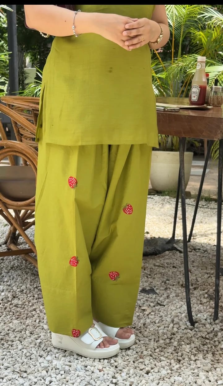 Olive Green Strawberry Embroidered Cord Set for Women