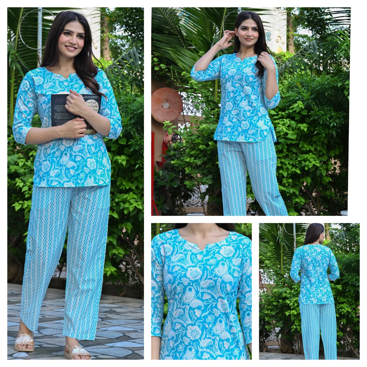 Aqua Blue Printed Cotton Night Suit for Women | Soft Nightwear (MVNS24)