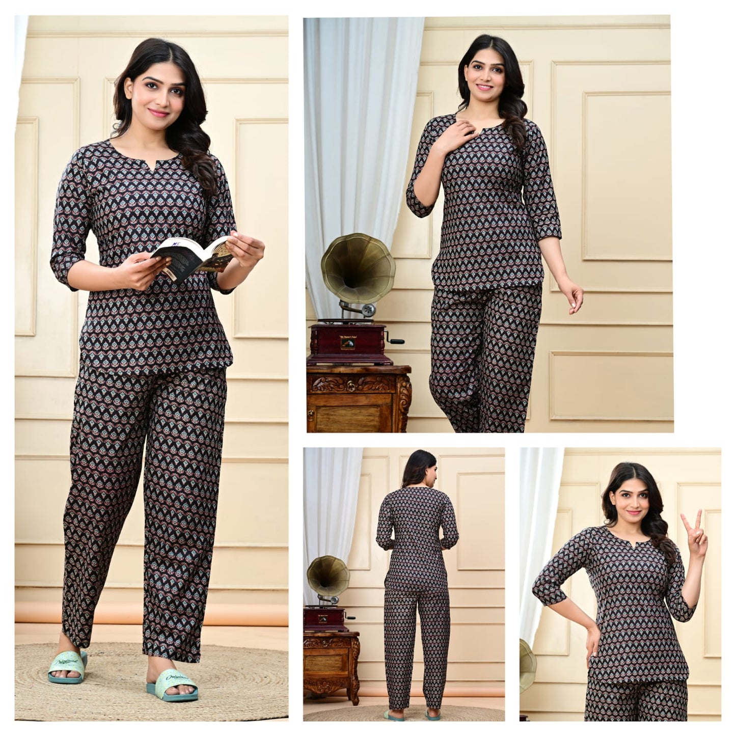 Black Printed Cotton Night Suit for Women | Elegant Nightwear (MVNS38)