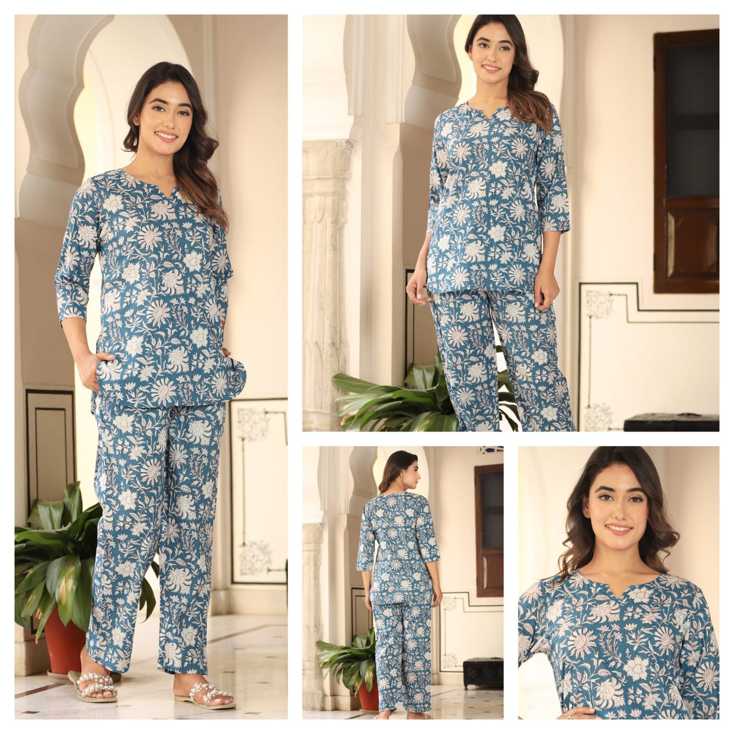 Blue Floral Nightwear Set with Pockets (MVNS01)