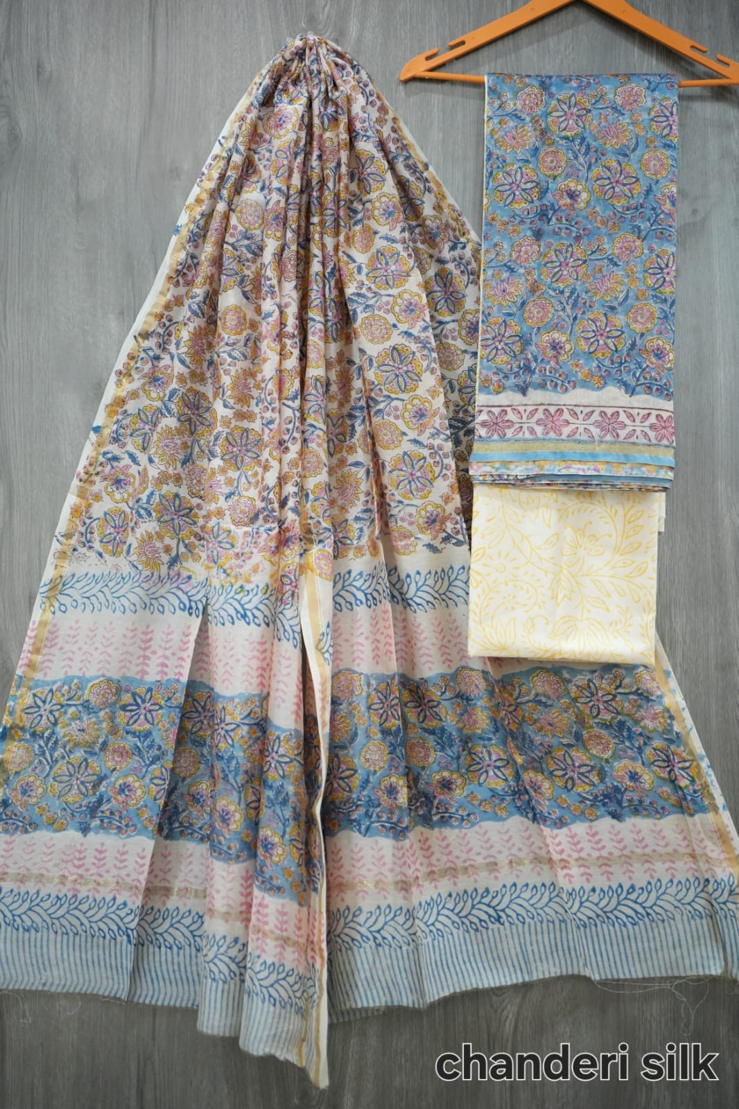 Steel Blue & Multicolor Round Floral Hand Block Print Chanderi Silk Suit Material (MVCHS14)