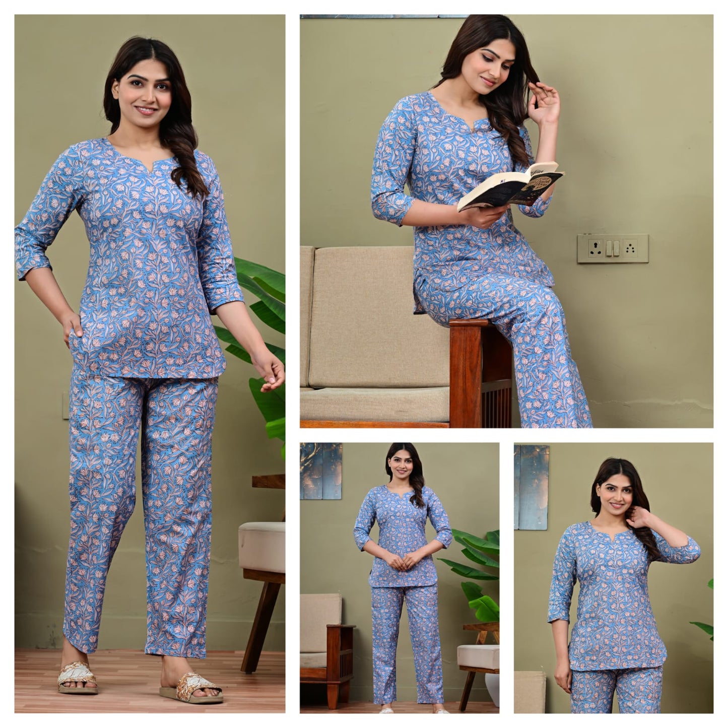 Light Blue Printed Cotton Night Suit for Women (MVNS12)