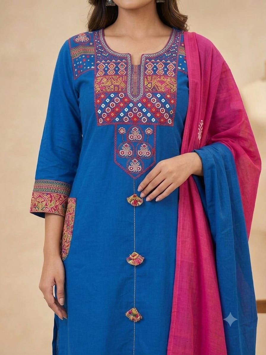 Blue Heavy Cotton Embroidered Kurti Set | Pocket Kurta with Pant & Dupatta