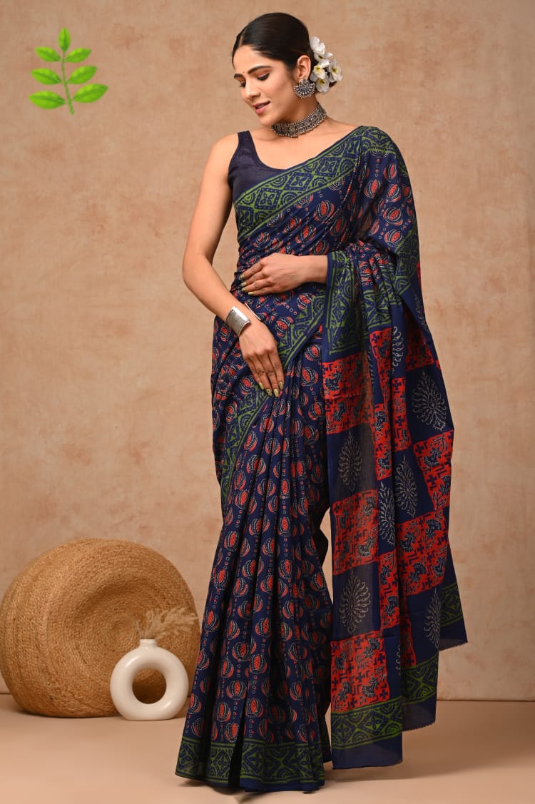 Multi Color Navy Hand Block Printed Cotton Saree with Blouse (MVCS76)