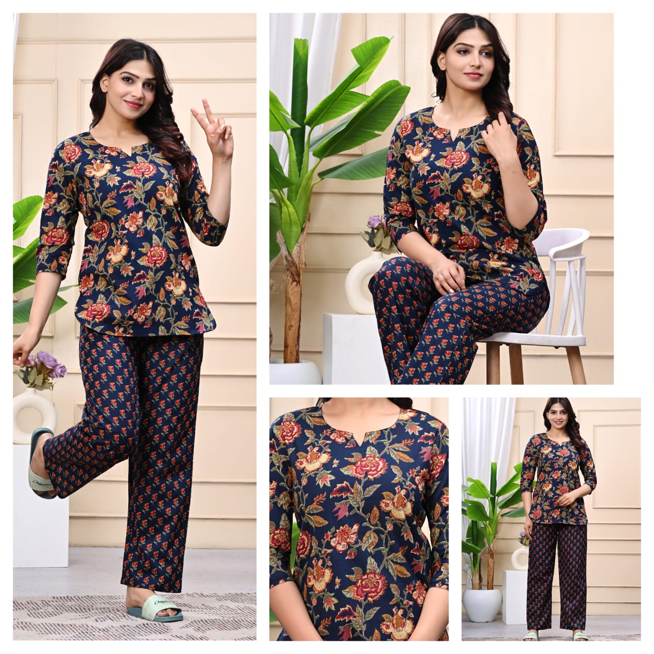Navy Red Floral Cotton Night Suit for Women | Premium Nightwear (MVNS26)