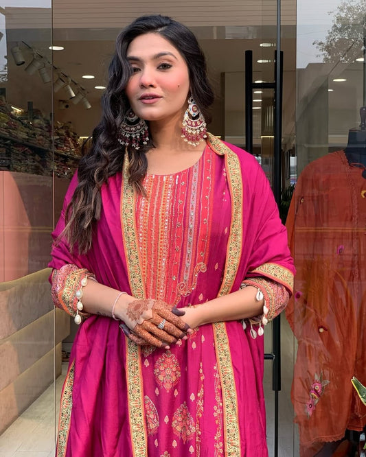 Raspberry Pink Kanchi Cotton Suit Set for Women | Zari Jacquard Dupatta & South Design Kurti