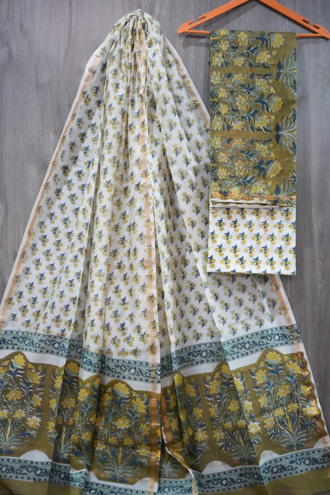 Olive Green & Yellow Genda Butti Hand Block Print Chanderi Silk Dress Material (MVCHS45)