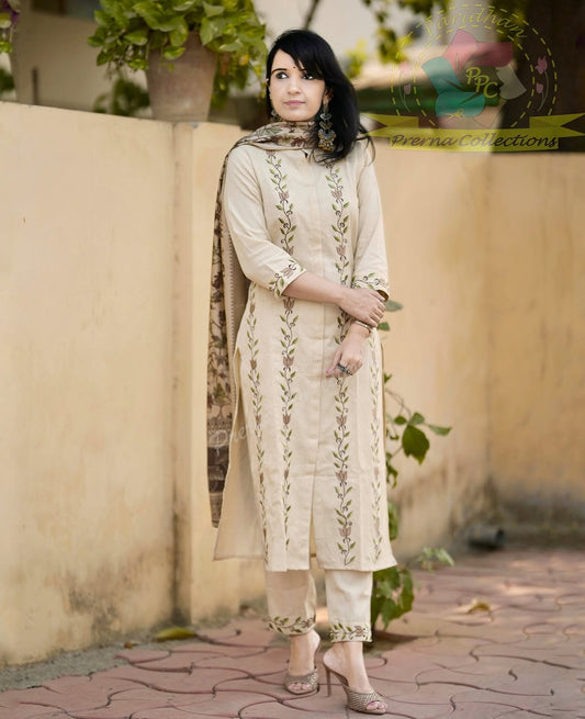 Beige Handloom Cotton Kurti Pant Dupatta Set with Embroidery & Kalamkari Dupatta