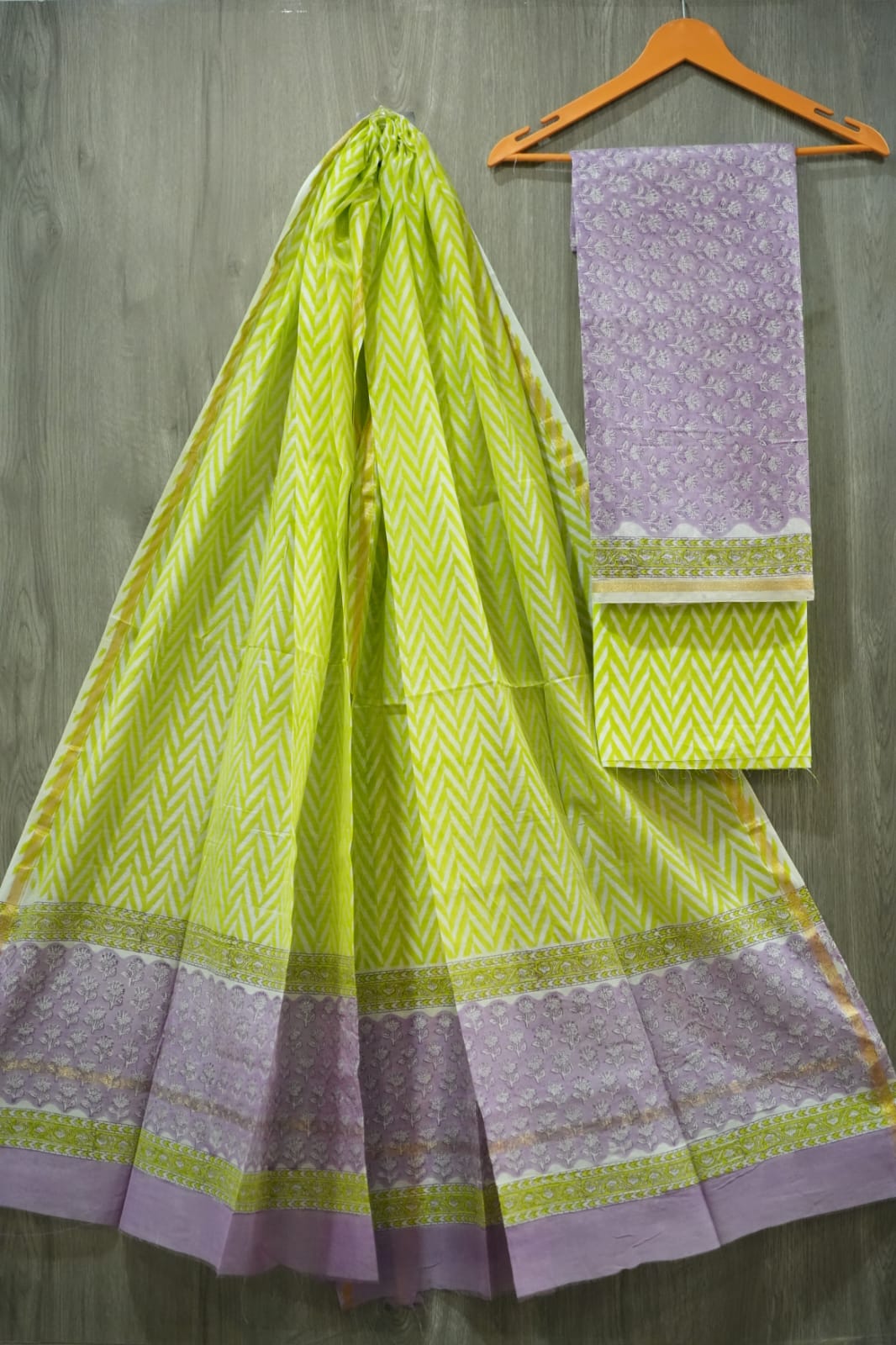 Lime Luxe Chevron Hand Block Print Chanderi Silk Dress Material (MVCHS51)