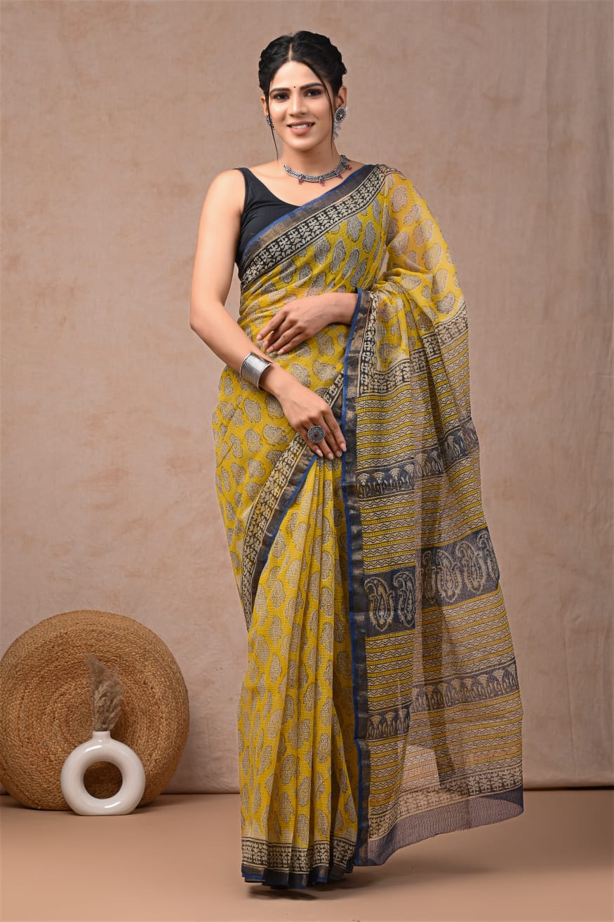 Mustard Yellow Kota Doriya Saree | Paisley Hand Block Print | Ajrak Pallu (MVKS52)