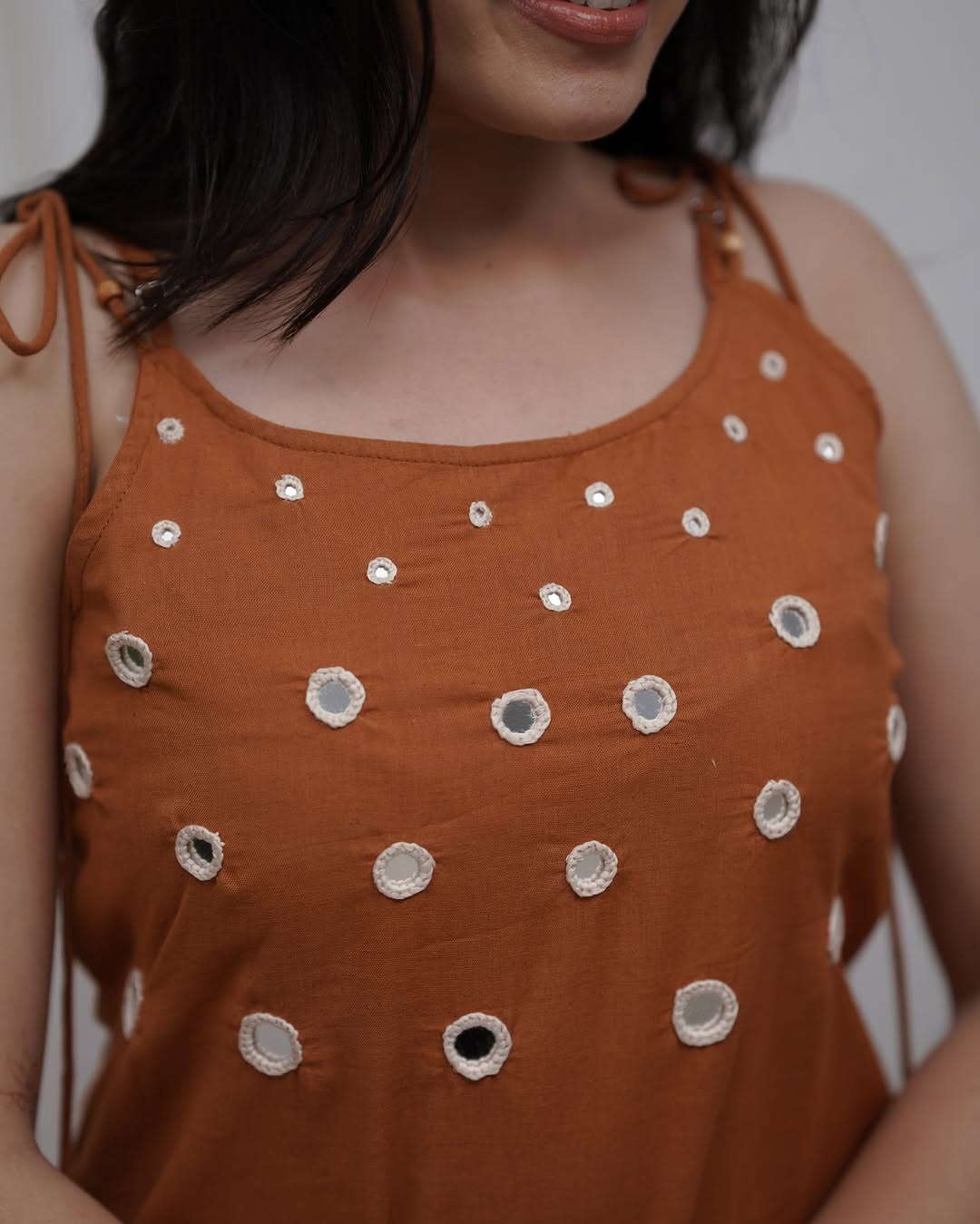 Rust Brown Cotton Slub Cord Set for Women | Mirror Work Sleeveless Kurta Plazo Set