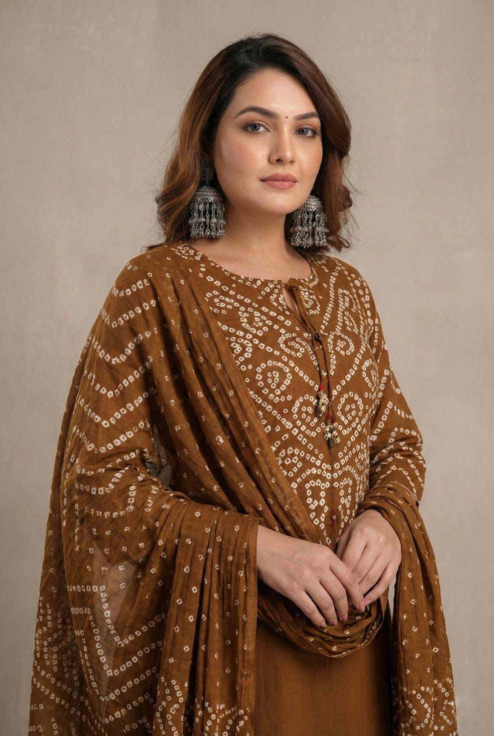 Brown Cotton Printed Kurti Set for Women | Elegant Kurta Pant with Dupatta