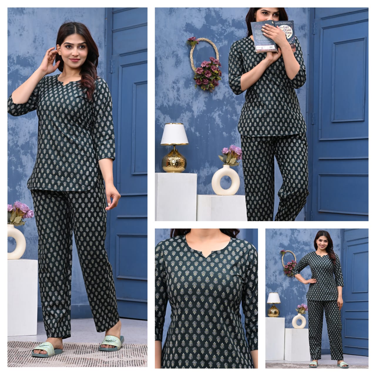 Dark Green Printed Cotton Night Suit for Women (MVNS13)