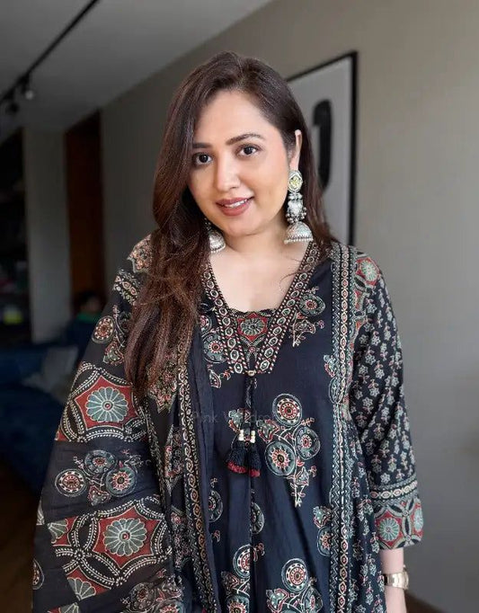 Black Ajrakh Print Anarkali Suit Set for Women