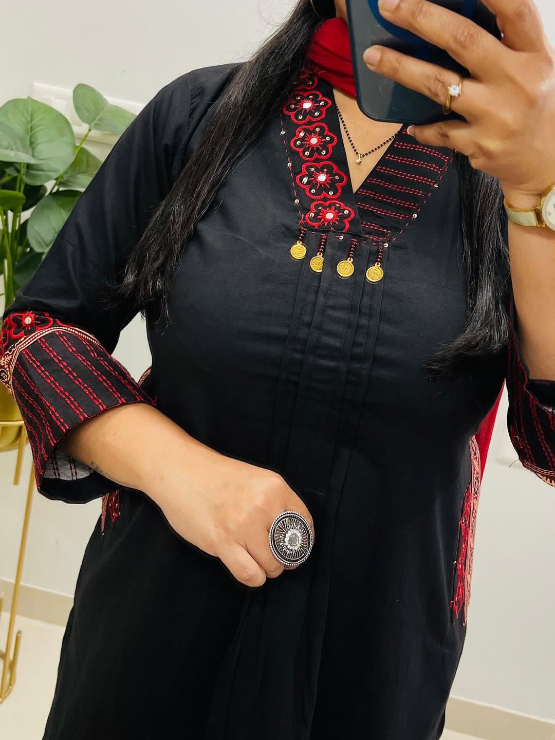 Black Red Kurta Pant Dupatta Set for Women