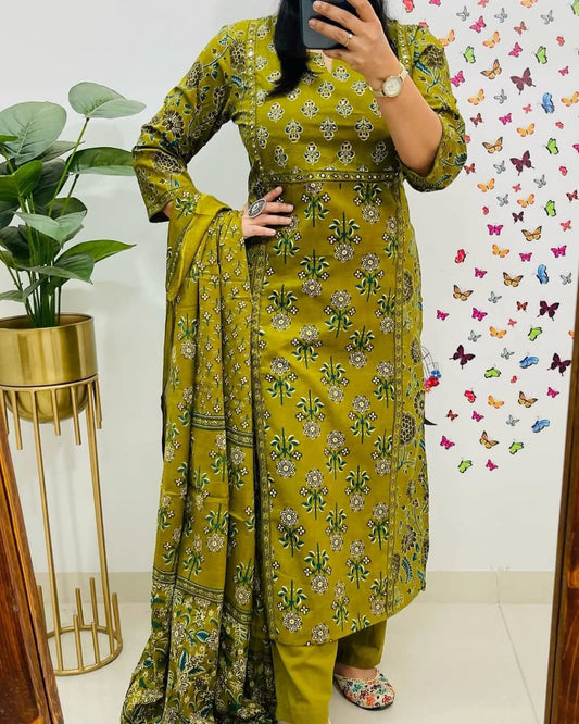 Olive Green Cotton Kurti Pant Dupatta Set