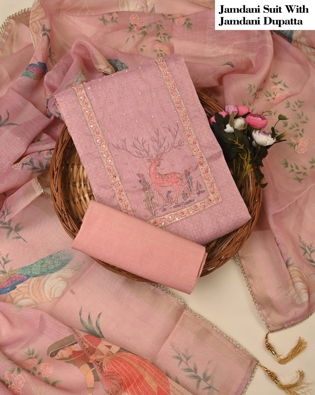 Pink Jamdani Unstitched Suit with Jamdani Dupatta – Elegant Ethnic Wear for Women