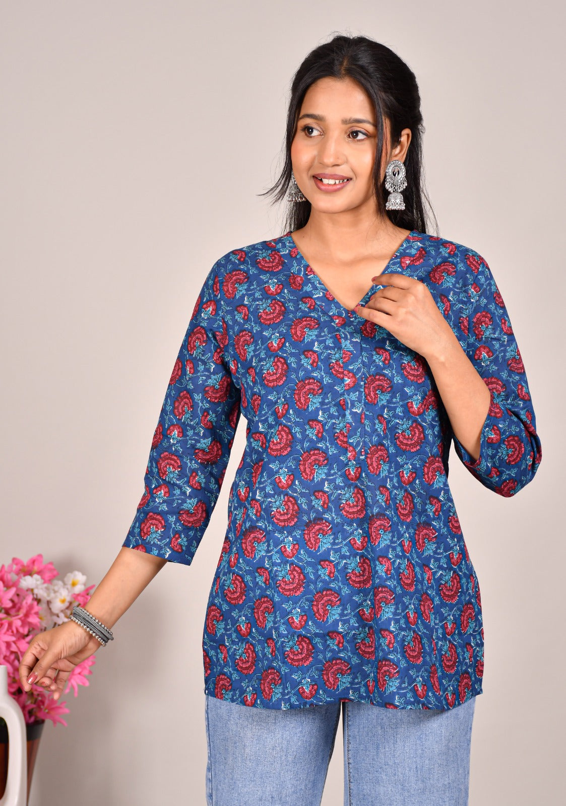 Blue and Red Floral Printed Cotton Top for Women – Casual Ethnic Top