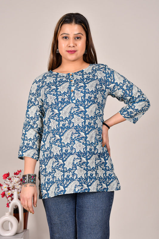 Blue Paisley Printed Cotton Top for Women – Casual Ethnic 3/4 Sleeve Top