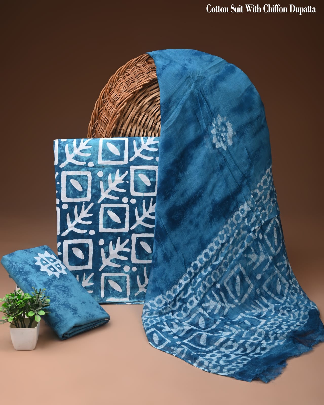 Teal Blue Batik Print Cotton Suit with Chiffon Dupatta – Ladies Unstitched Summer Dress Material