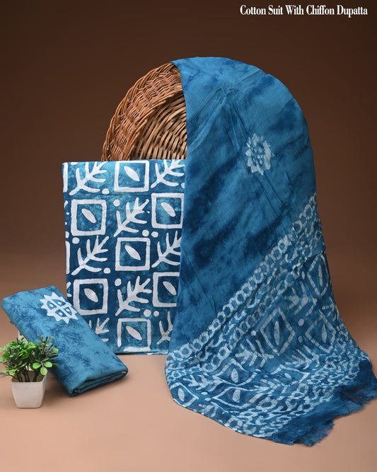 Teal Blue Batik Print Cotton Suit with Chiffon Dupatta – Ladies Unstitched Summer Dress Material