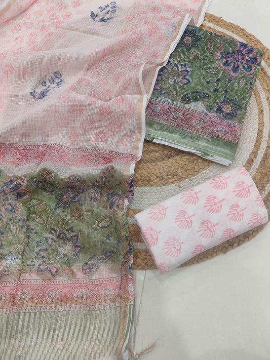 Pink & Green Floral Printed kota doriya  Suit Set (MVFKO11)